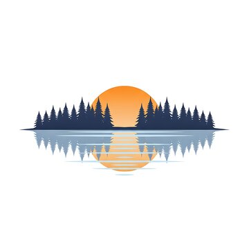 Minimalist forest sunset vector illustration with symmetrical water reflection on white background
