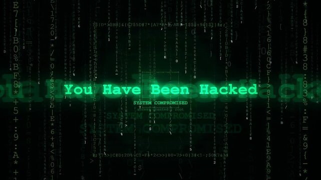 Digital Cyber Attack Animation with Green Matrix Code and System Compromised Warning Text