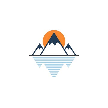 Minimalist mountain and lake vector icon with sun reflection for outdoor adventure branding.