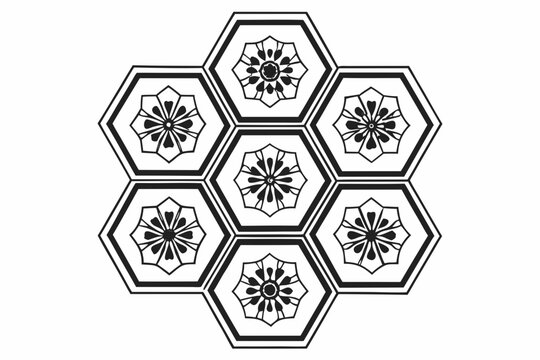 Japanese kamon crest vector illustration featuring seven hexagonal frames with elegant black floral patterns isolated on a clean white background