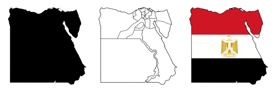 Egypt map vector set, national flag silhouette and administrative borders, black outline and colored country shapes