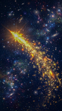 Brillante estrella fugaz dorada atravesando el cosmos con una estela resplandeciente de part&iacute;culas, rodeada de galaxias, nebulosas y constelaciones.