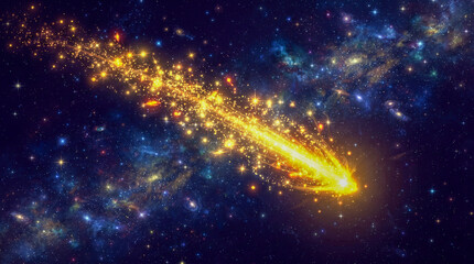 Obraz premium Brillante estrella fugaz dorada atravesando el cosmos con una estela resplandeciente de partículas, rodeada de galaxias, nebulosas y constelaciones.
