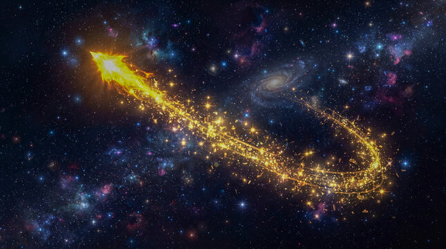 Brillante estrella fugaz dorada atravesando el cosmos con una estela resplandeciente de part&iacute;culas, rodeada de galaxias, nebulosas y constelaciones.