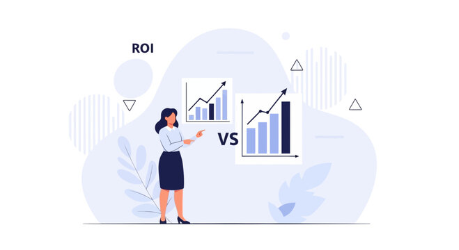 Woman presenting ROI comparison with growing charts and abstract shapes in a modern flat design style.