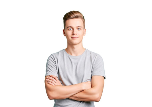 Young man with blond hair wearing a grey t-shirt
