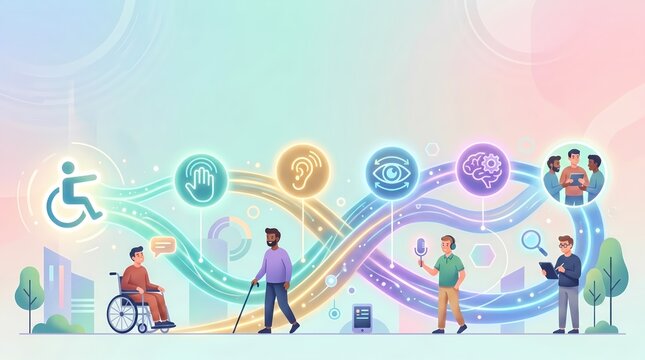 Digital accessibility concept featuring inclusive web design, assistive technology icons, and diverse users