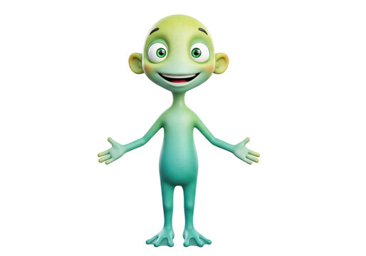 Friendly green alien character standing with open arms