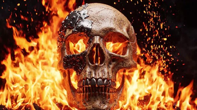 Scary flaming skull with molten parts glowing from within surrounded by intense orange fire and embers against dark background a terrifying visual effect for horror or Halloween.