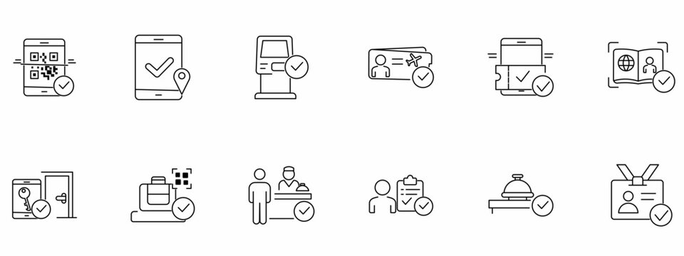 Verification and identity check icon set featuring QR code scanner, mobile pass, passport control, ID badge, ticket validation, and security check-in outline vector icons.