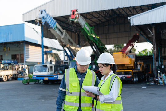 Man discusses crane preventive maintenance with female colleague holding an inspection clipboard wearing white hardhats