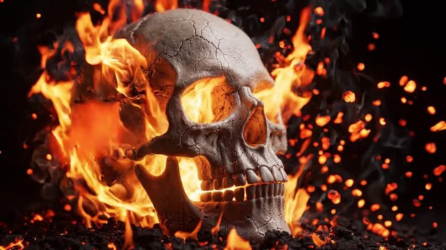 Burning skull animated in hellfire surrounded by embers and smoke slow motion demonic representation of death and afterlife hellish scene cinematic horror footage.