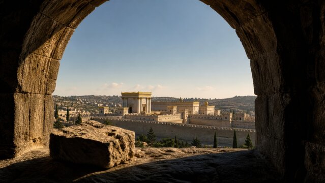 Ancient Jerusalem temple viewed through a stone arch. Biblical landscape illustrating the beauty of the temple and prophetic warning of its future destruction in Luke 21.