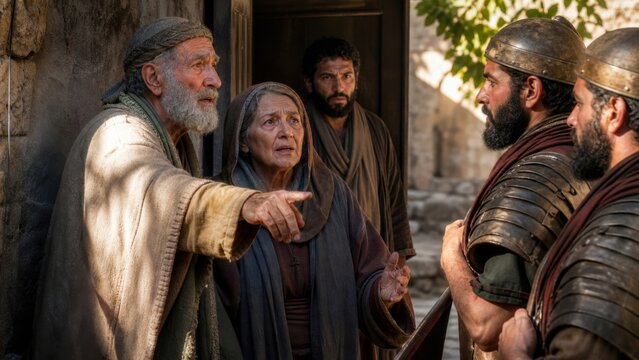 Elderly man and woman confronting armored soldiers in an ancient city. Biblical scene of persecution, testimony, courage, and faith during troubled times.