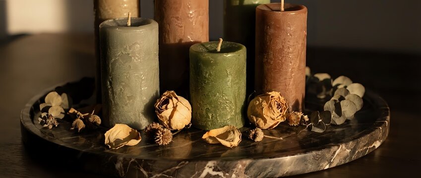 Lit candles in varying heights with burnt wicks arranged on dark