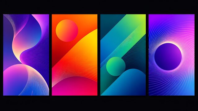 Abstract gradient poster background vector set. Modern cover templates with colorful geometric shapes and optical illusion design for social media, banner and wallpaper.