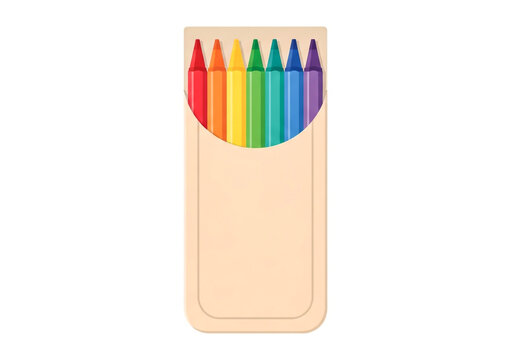 Colorful wax crayons in a small paper box