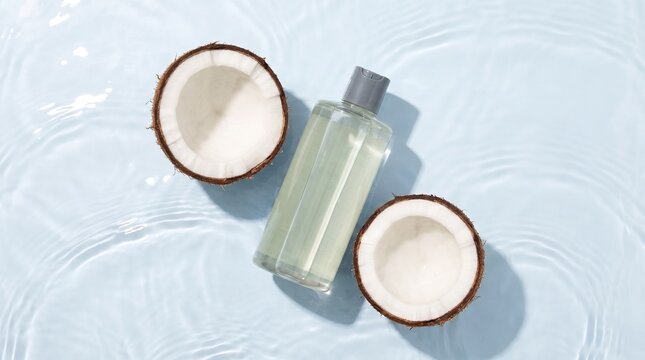 A clear bottle of liquid next to two halves of a fresh coconut on a rippled light blue water surface.