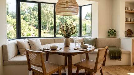 Fototapeta premium Cozy Dining Nook with Banquette Seating and Garden View