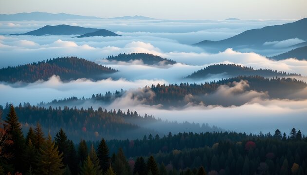 A serene landscape dominated by a dense forest with lush green trees under a cloudy sky. There are patches of snow visible in the valley, suggesting recent cold weather