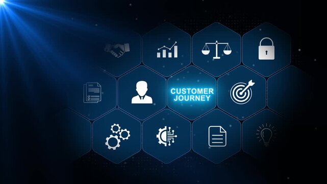 Customer journey concept with digital business icons, engagement symbols and glowing hexagonal panels arranged across a dark blue corporate background
