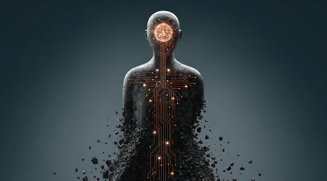 Machine sculpture with glowing circuit and fragmented human silhouette suggesting artificial intelligence and technological transformation