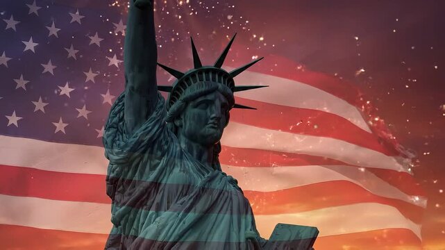 Statue of liberty overlayed with american flag and fireworks at sunset patriotic motion background with symbolic representation of freedom democracy and american dream.