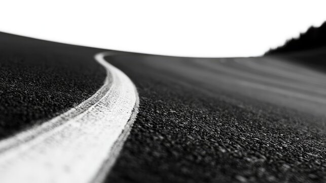 Curved, high-contrast asphalt road leading to a white horizon
