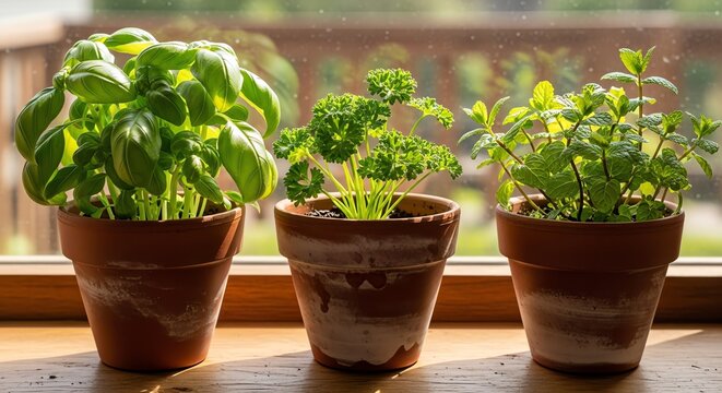 Three terra cotta pots with fresh basil parsley and mint herbs arranged on a wooden windowsill in soft natural window daylight kitchen photography