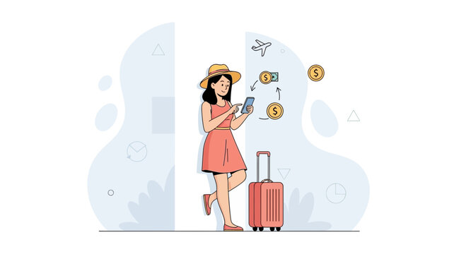 Woman with Suitcase and Smartphone Planning Travel Finances, Online Booking and Payment for Flights