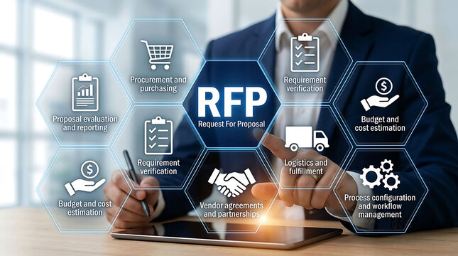 Businessman analyzing request for proposal RFP procurement workflow on digital tablet