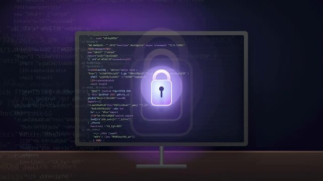 Digital security concept with glowing purple padlock icon over computer screen and scrolling code