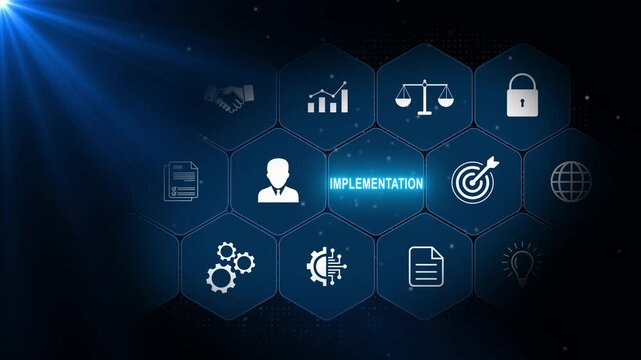 Implementation strategy concept with planning, analytics, technology and target icons arranged in blue hexagons over a dark corporate background