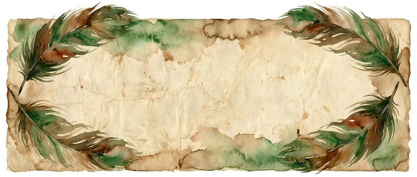 Vintage aged paper with decorative green and brown feather border