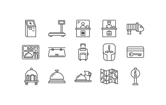 Self check-in kiosk, luggage scale, passport control, customs, jetway vector icon set