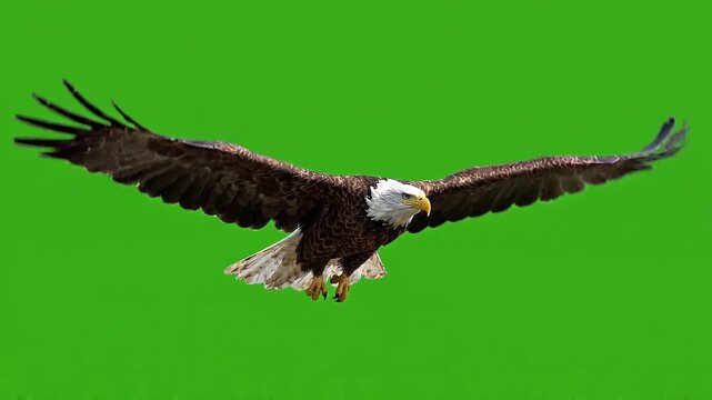 Bald eagle flies majestically in slow motion against a vibrant green screen backdrop capturing its powerful wingspan and predatory gaze for cinematic visual effects.