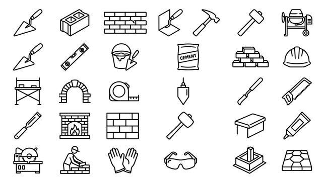 Masonry construction line icons, 28 professional bricklayer tools and building equipment, industrial masonry vector set