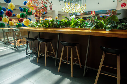 Lush green plants line a wooden bar counter with tall stools inside a shopping mall, decorated with colorful hanging paper lanterns