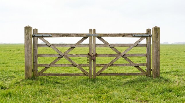 Padlocked Wooden Five Bar Gate Standing Alone In An Open Field as a Pointless Rule Metaphor