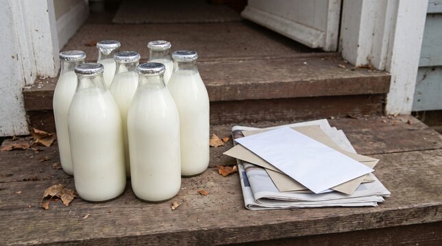 Full Milk Bottles And Unopened Post Piling Up On A Doorstep Showing Welfare Concern