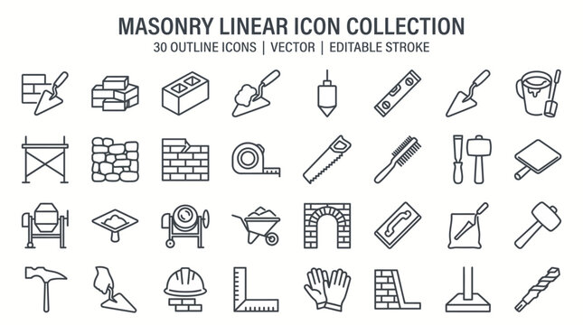 Masonry linear icon collection, 30 outline icons for construction and bricklaying, professional masonry tools vector set