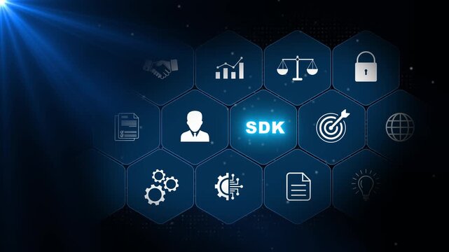 SDK software development concept with coding, programming, integration and technology symbols arranged in luminous blue hexagons on a dark background