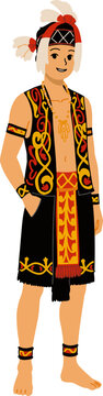 Dayak Kenyah Tribal Attire - East Kalimantan Borneo Indigenous Culture Illustration