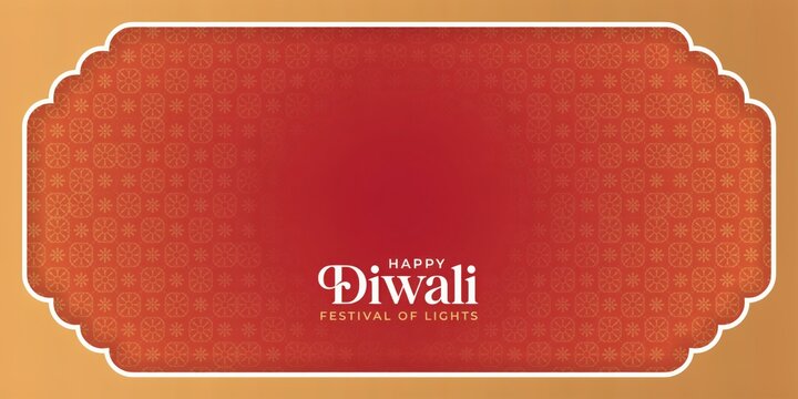 Happy Diwali festival of lights elegant background featuring delicate white geometric patterns on a rich red frame surrounded by a warm golden border layout.