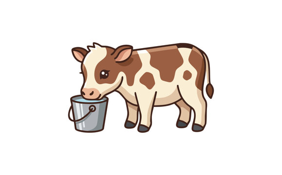 Cute calf drinking water from metal bucket cartoon illustration