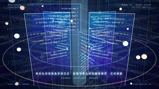 Futuristic holographic interface with scrolling computer code and digital data visualization on blue background