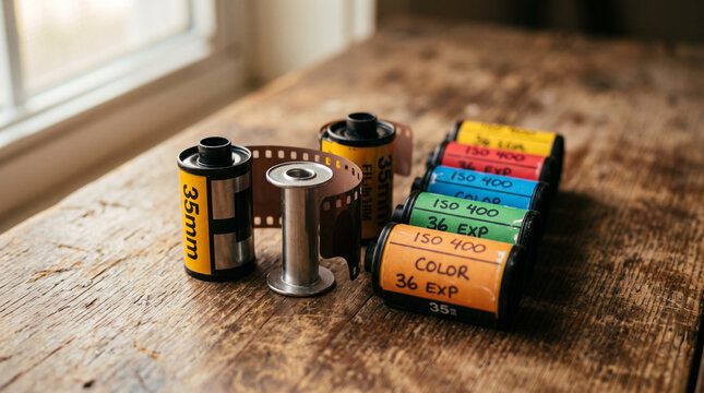 Vintage 35mm film cameras and film rolls overhead flat lay on dark linen, retro analog photography aesthetic collection