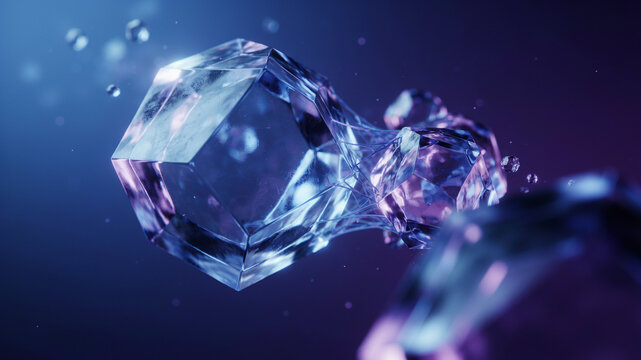 Crystal in Motion: A stunningly cut diamond, sparkling with inner fire, is captured in a dynamic dance with cascading water, creating a mesmerizing display of light and liquid.