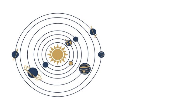 Minimalist vector illustration of the solar system showing the sun and planets on circular orbits