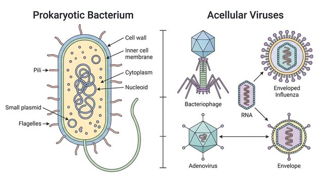 Educational diagram comparing the anatomical structure of a prokaryotic bacterium and acellular viruses
